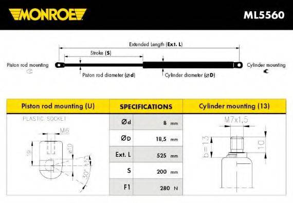 Газовая пружина, капот MONROE ML5560