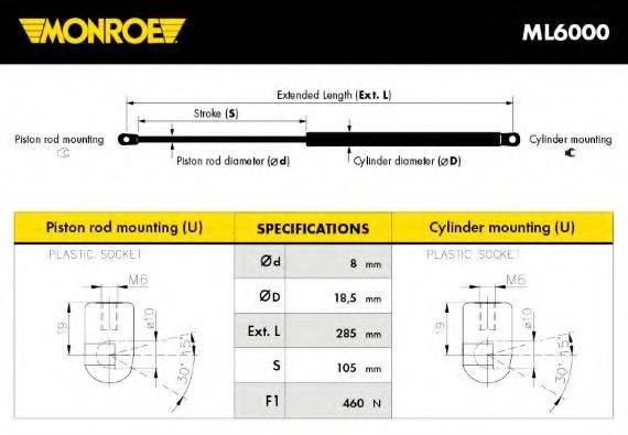 Газовая пружина, капот MONROE ML6000