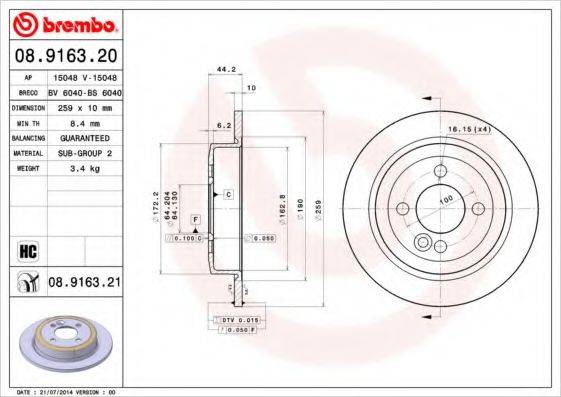 Тормозной диск BREMBO 08.9163.21